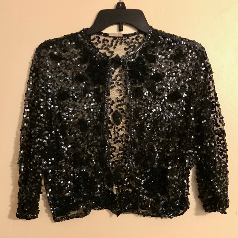 Vintage 1930s Handmade Black Sequin and Net Bolero XS